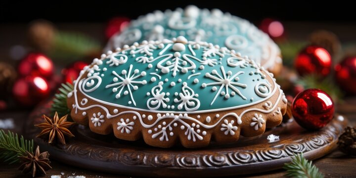 Festive Green and White Decorated Gingerbread Cookies on a Wooden Plate with Red Christmas Ornaments