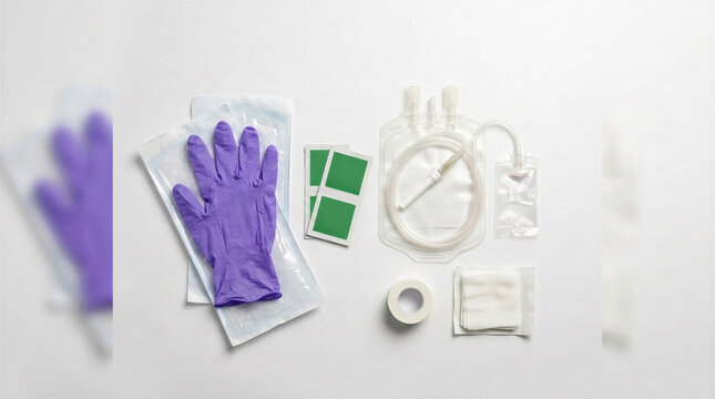 Medical supplies including gloves, tape, and syringes on a table  