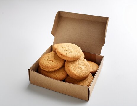 stacked round cookies in open box on white background food photography