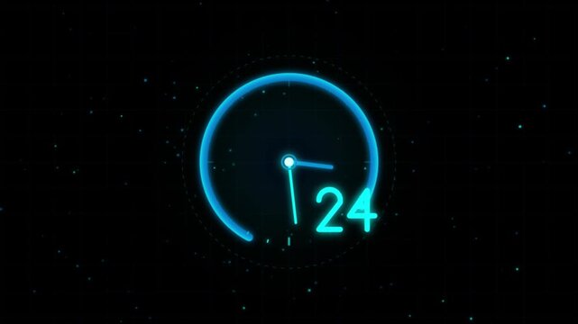 Futuristic neon blue twenty four hours circular clock icon rotating on black particle background