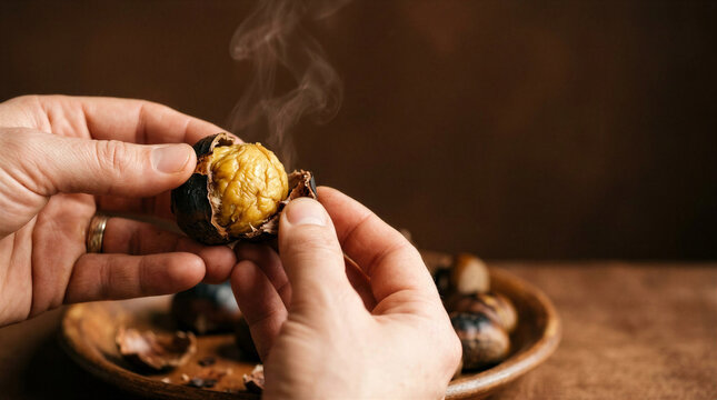 Hands holding roasted chestnut releasing steam over wooden bowl  