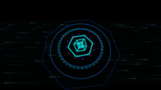 Futuristic neon HUD interface with spinning blue hexagon and rotating central wireframe cube