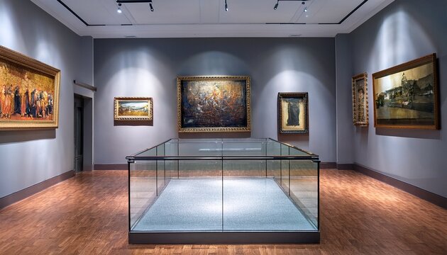a museum gallery with a glass display case and paintings on the wall