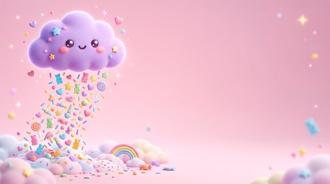 Cute Smiling Purple Cloud Raining Candies on Pink Background