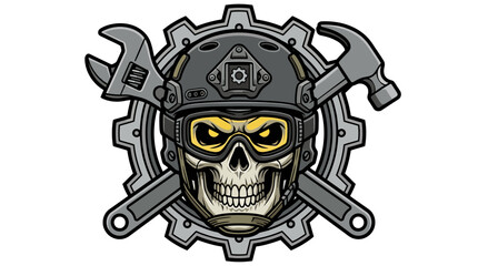 Fototapeta premium Tactical Skull with Tools and Gear Emblem Design for Industrial Craftsmen Projects