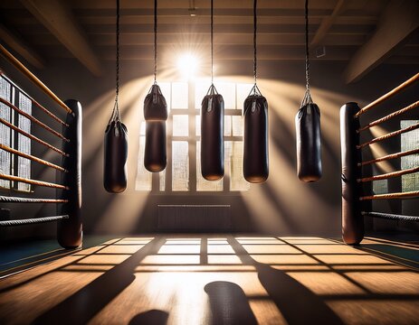 boxing punching bags hang in a sunlit gym casting dramatic shadows symbolizing intense combat training and discipline