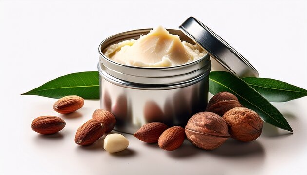 natural shea butter in metal tin with raw nuts and green leaf