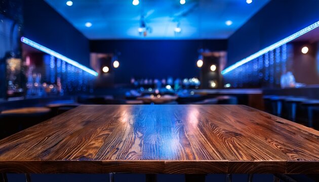 focus on the table board of a restaurant nightclub featuring modern design and neon blue light backdrop