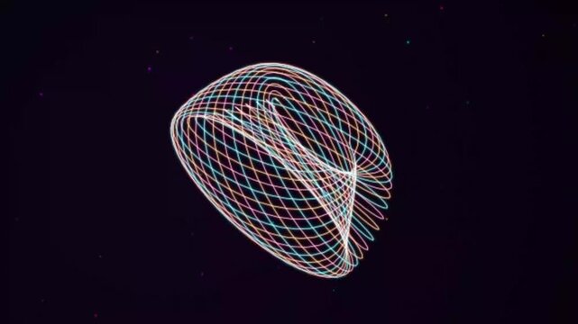 Glowing neon geometric spirograph rotating in dark space with abstract colorful lattice lines