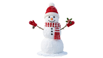 Fototapeta premium Cheerful snowman with red hat and scarf holding mistletoe and pinecone