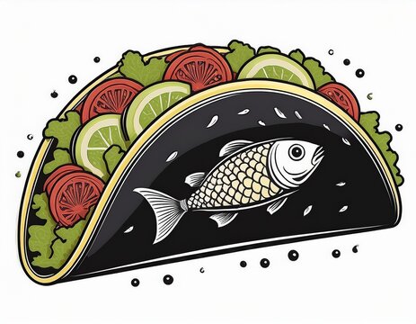 black tacos with fish design on white background