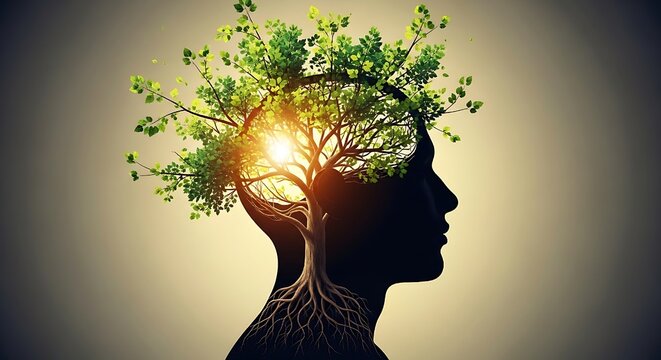 Conceptual illustration of a human head silhouette with a growing tree inside symbolizing mental growth and nature connection.