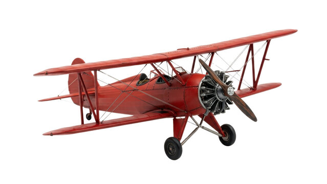 Vintage red biplane airplane with wooden propeller isolated on transparent background