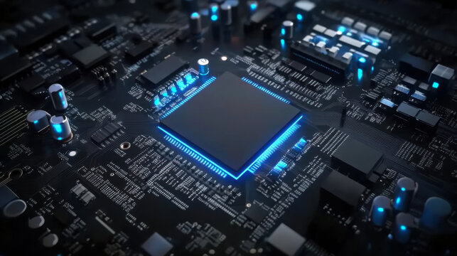 Glowing computer chip and CPU motherboard technology circuit board