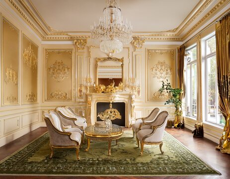 elegant classical drawing room featuring gold damask wallpaper white fireplace crystal chandelier ornate moldings and period style furniture