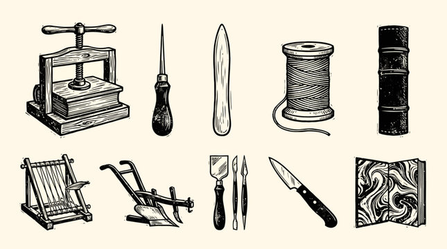 Illustrated set of vintage bookbinding tools and equipment arranged in two rows against a beige background