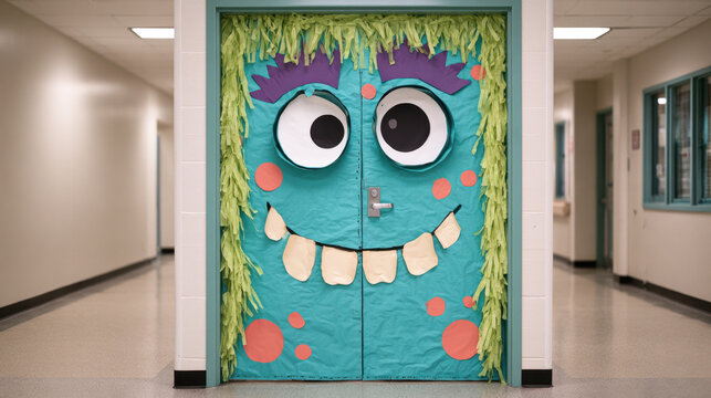 Friendly monster halloween classroom door decoration with large eyes colorful paper face and smiling teeth in a school hallway