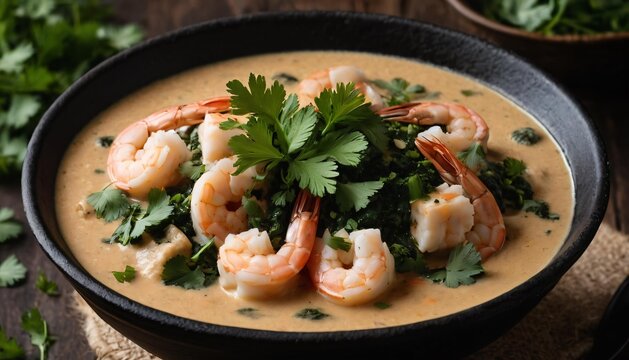 Creamy brazilian bobo de camarao shrimp stew garnished with fresh cilantro