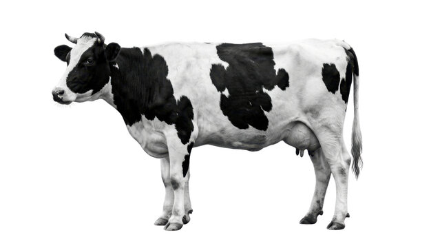Side view of black and white dairy cattle standing isolated on transparent background