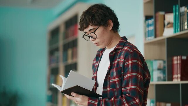 Young male student reading book in library wearing glasses and plaid shirt