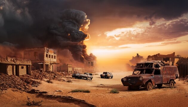 war torn urban landscape merging with desert desolation under stormy skies filled with smoke and abandoned vehicles