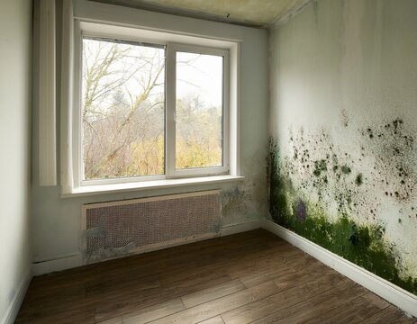 a room with mold growing on the walls near a window
