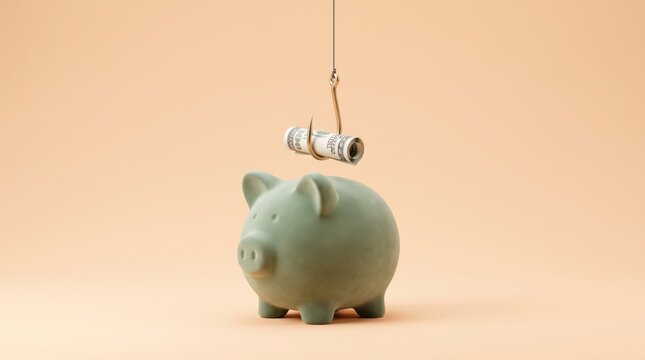 Piggy bank with money on a hook