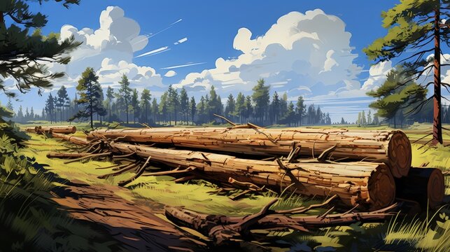 A serene forest clearing with freshly felled logs resting on the grassy ground, bathed in the warm light of the afternoon sun, casting long shadows across the landscape.