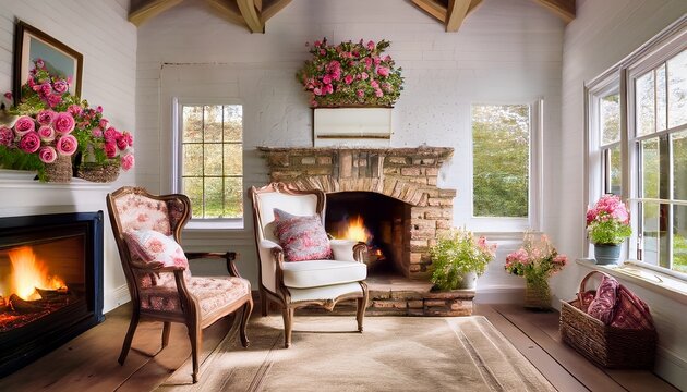 a cozy rustic english cottage interior featuring a roaring fireplace floral wingback chair and white brick walls adorned with rose stencils