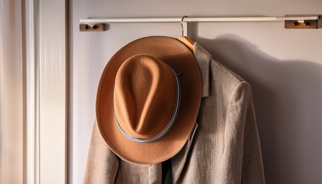 a hat hangs from a coat rack ready to be taken out