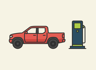 Obraz premium Red pickup truck at electric vehicle charging station
