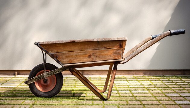 vintage wheelbarrow with wooden handle and slatted sides
