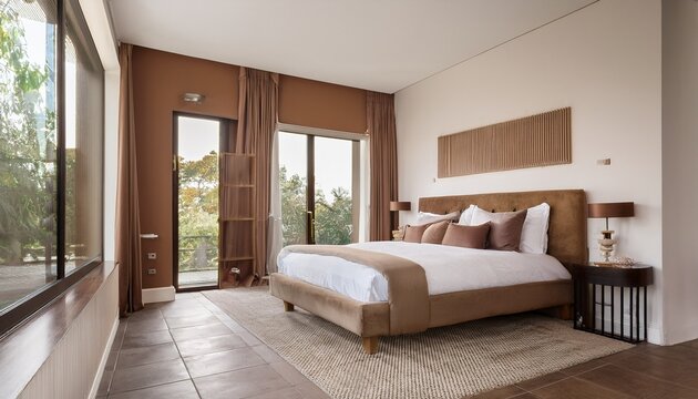 a stylish master bedroom with white and brown walls tiled floor and a comfortable king size bed viewed from the side
