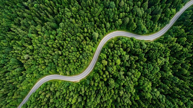 High angle aerial view of a winding road meandering through a lush and dense green forest landscape during summer