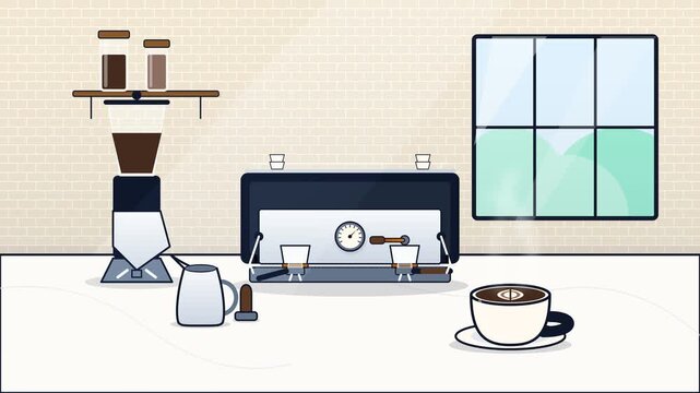 Flat vector animation of a coffee shop counter with brewing equipment and steaming fresh espresso