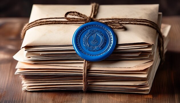 stack of antique letters sealed with a royal blue wax emblem