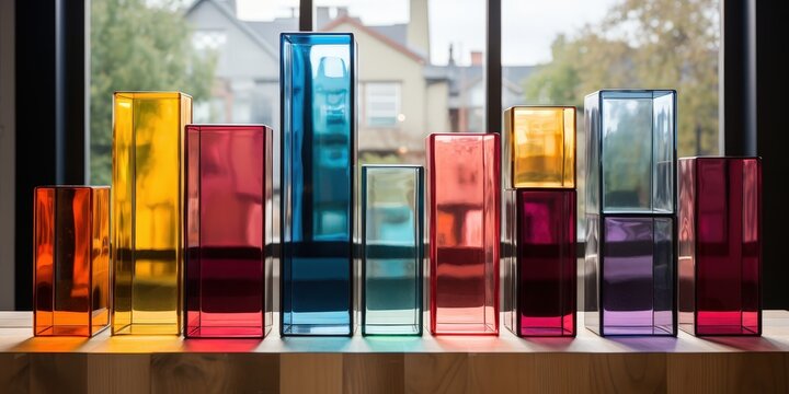 A vibrant and colorful array of glass rectangular prisms stand in a row on a wooden surface, bathed in the warm glow of natural light filtering through a nearby window.