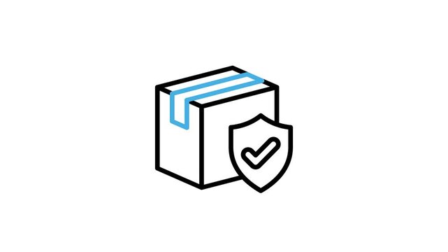 Animated verified package security icon. Cardboard box, parcel or product with shield protection and check mark symbol animation. Packing package safety guarantee. Motion graphics video