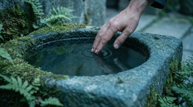Hands Creating Gentle Ripples in Clear Water Basin Surrounded by Greenery