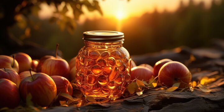 Golden Honey in a Glass Jar Surrounded by Ripe Apples and Bathed in the Warm Glow of Sunset