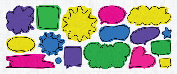 Obraz na płótnie Canvas Y2K scrapbook speech bubble elements set. Vector colorful hand drawn doodle chat balloons, retro comic labels, stickers and abstract shapes for social media and graphic design