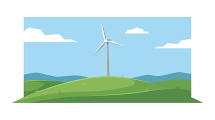 Obraz premium White wind turbine on green hills under blue sky.