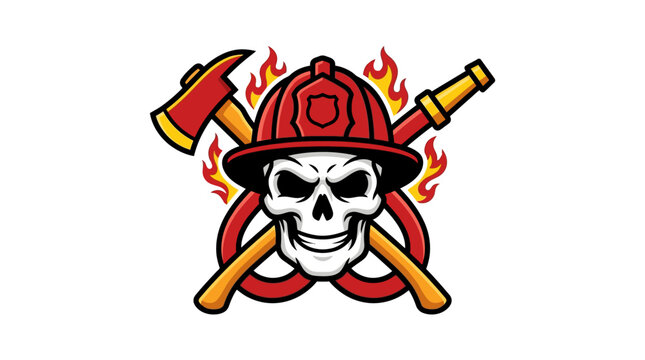Firefighter skull with crossed axe and hose icon for emergency services emblem