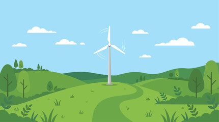 Obraz premium Wind turbine in a lush green countryside landscape.