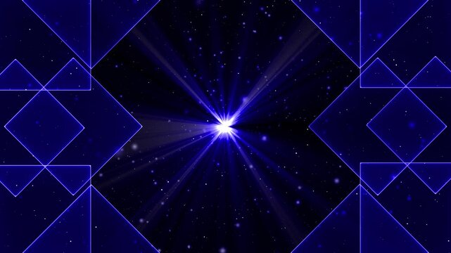 Abstract Blue light burst with geometric square patterns, glowing particles, radiant centre, luxurious black background, elegant technology backdrop for celebration and design projects and branding