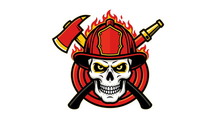Fototapeta premium Graphic Illustration of a Fierce Skull Firefighter with Crossed Axe and Nozzle