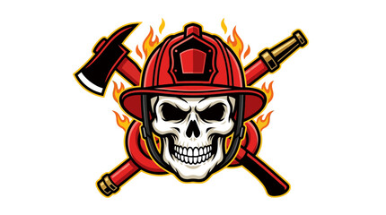 Fototapeta premium Firefighter Skull Emblem Illustration with Crossed Axe and Fire Hose Nozzle