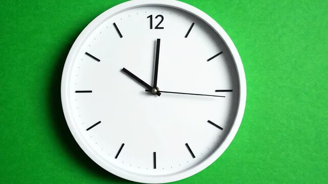 Minimalist wall clock with sweeping second hand moving smoothly on a bright green screen background for video editing