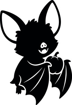 Adorable vampire bat holding a tiny pumpkin, clean silhouette clipart.