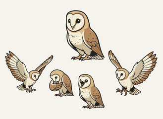 Obraz premium Illustrated barn owl family in various poses